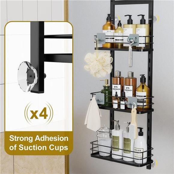 5 Tier Over the Shower Door Caddy, Adjustable Rustproof Shower Organizer, Black - Picture 6 of 14